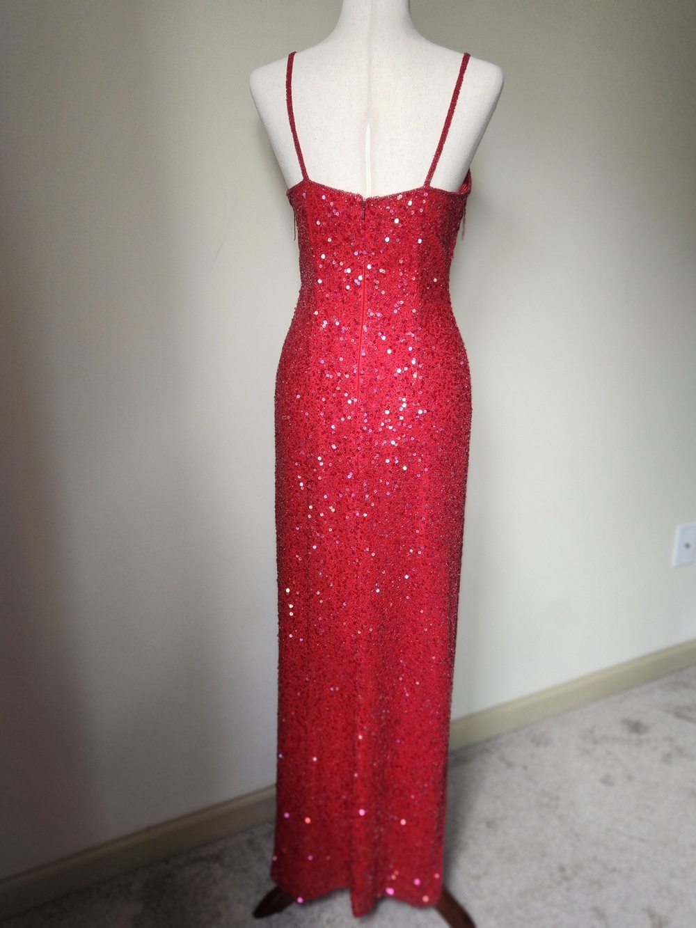 Vintage 1990s Scala Red Silk Beaded Sequin Fringe Maxi Gown Made in India M - Picture 4 of 15